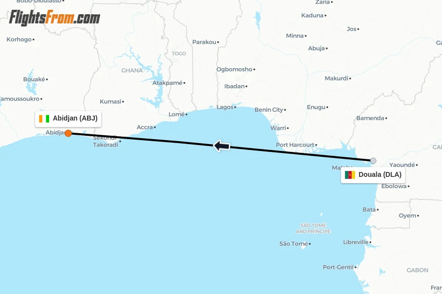 Flights from Douala to Abidjan route map