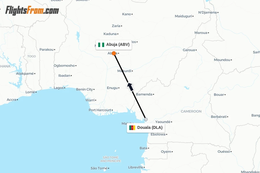 Flights from Douala to Abuja route map