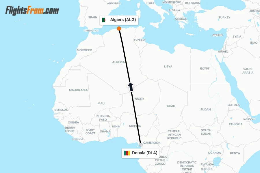 Flights from Douala to Algiers route map