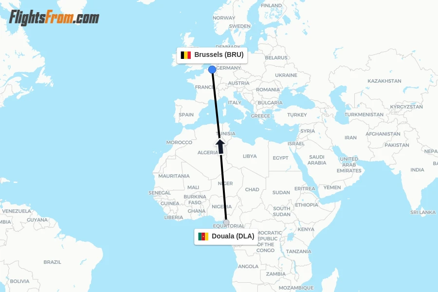 Flights from Douala to Brussels route map