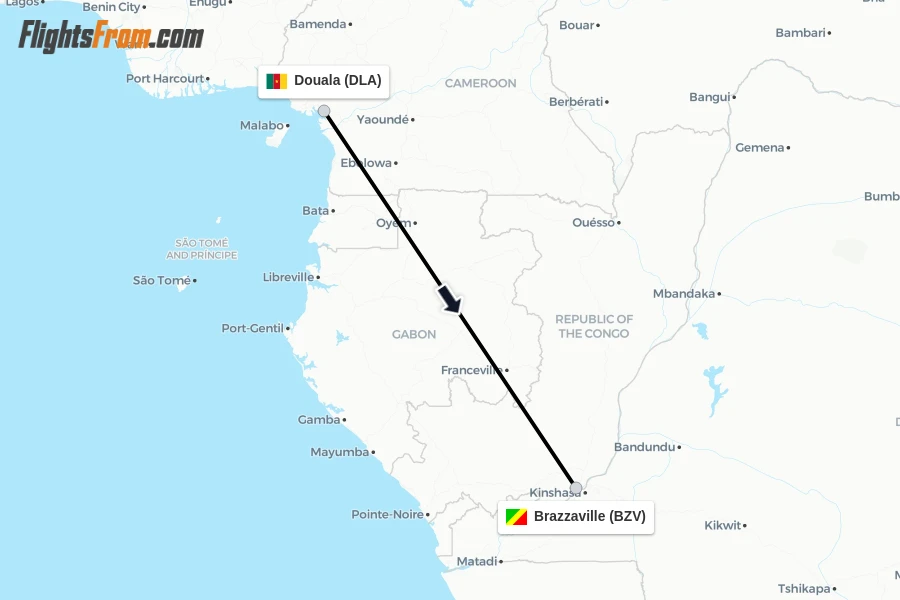 Flights from Douala to Brazzaville route map