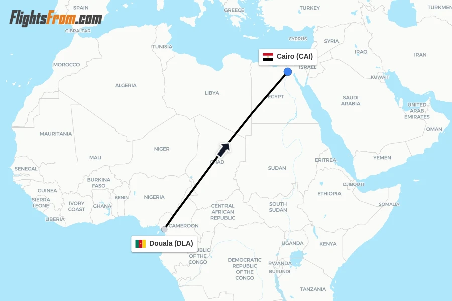 Flights from Douala to Cairo route map