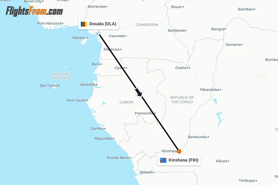 Flights from Douala to Kinshasa route map