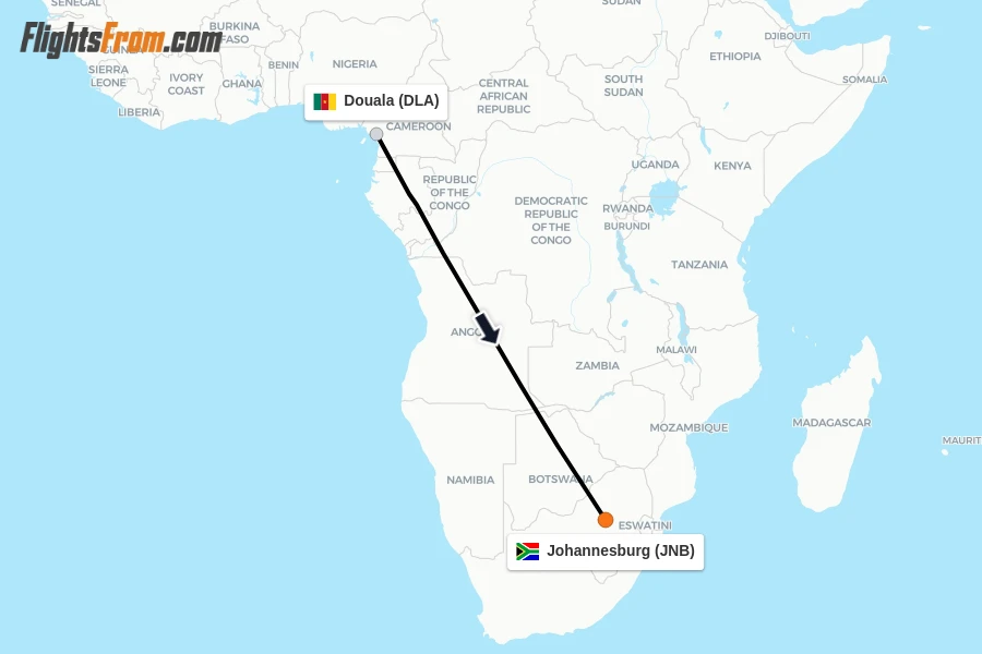 Flights from Douala to Johannesburg route map