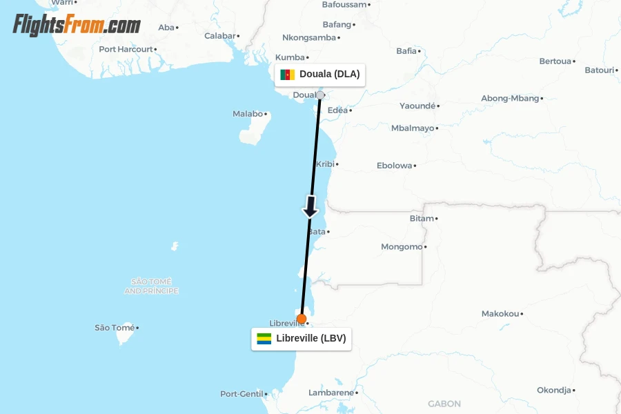 Flights from Douala to Libreville route map