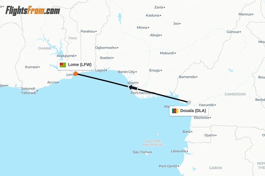Flights from Douala to Lome route map