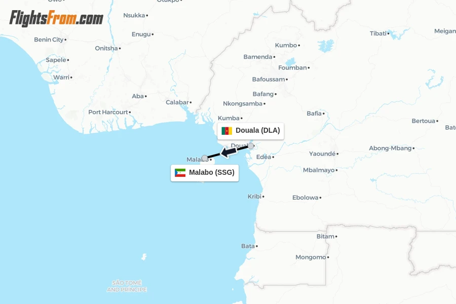 Flights from Douala to Malabo route map
