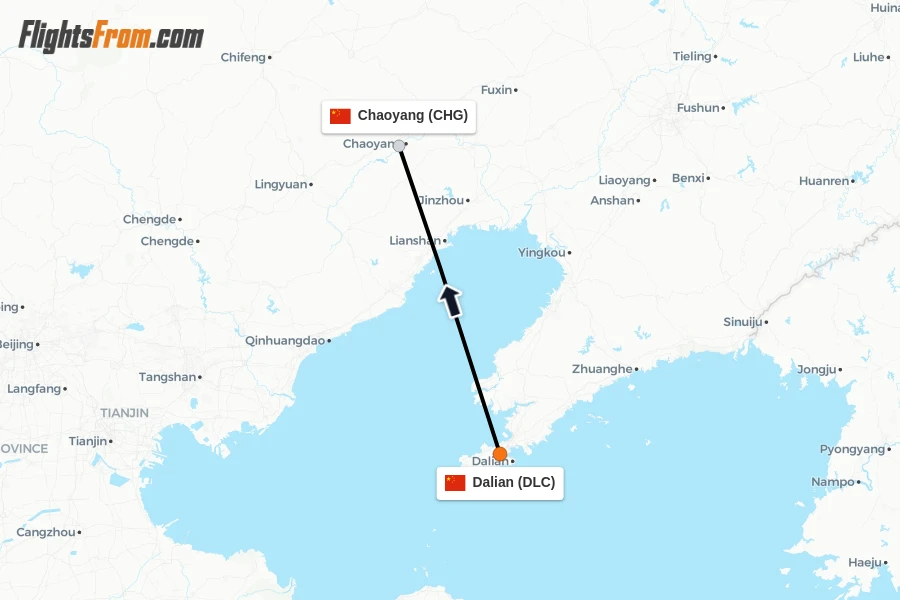 Flights from Dalian to Chaoyang route map