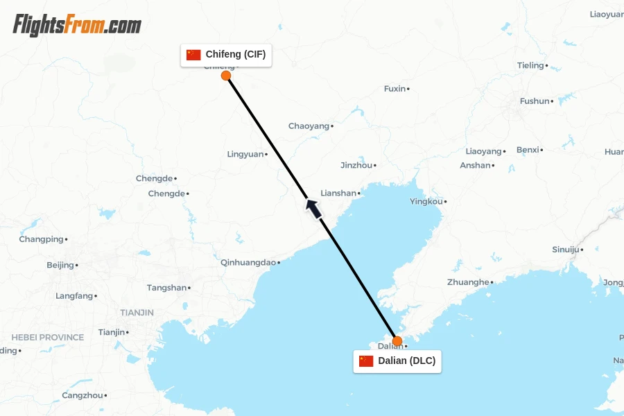 Flights from Dalian to Chifeng route map