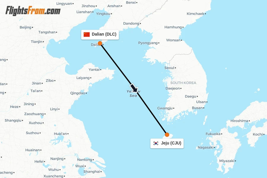 Flights from Dalian to Jeju route map