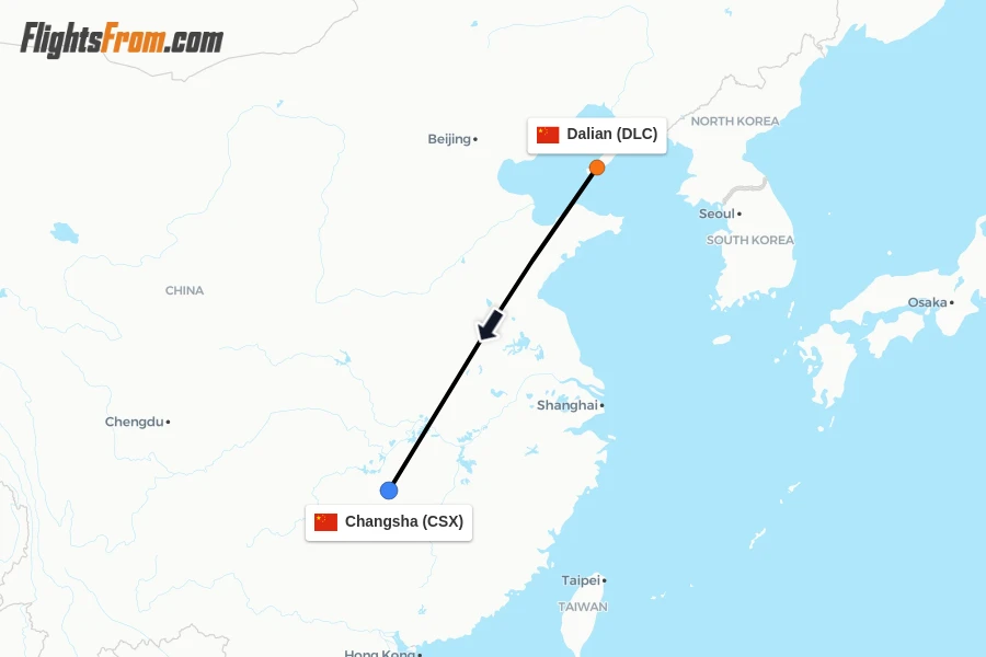 Flights from Dalian to Changsha route map