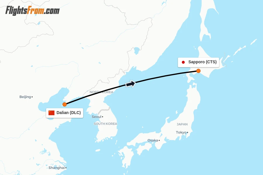 Flights from Dalian to Sapporo route map