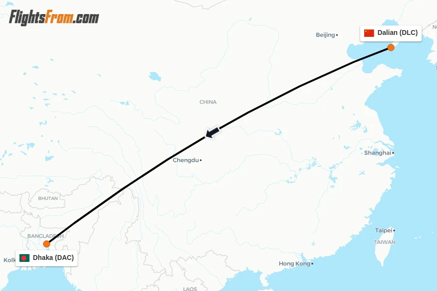 Flights from Dalian to Dhaka route map