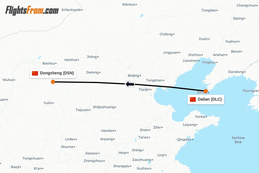 Flights from Dalian to Dongsheng route map