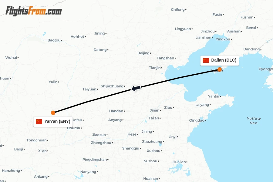 Flights from Dalian to Yan'an route map