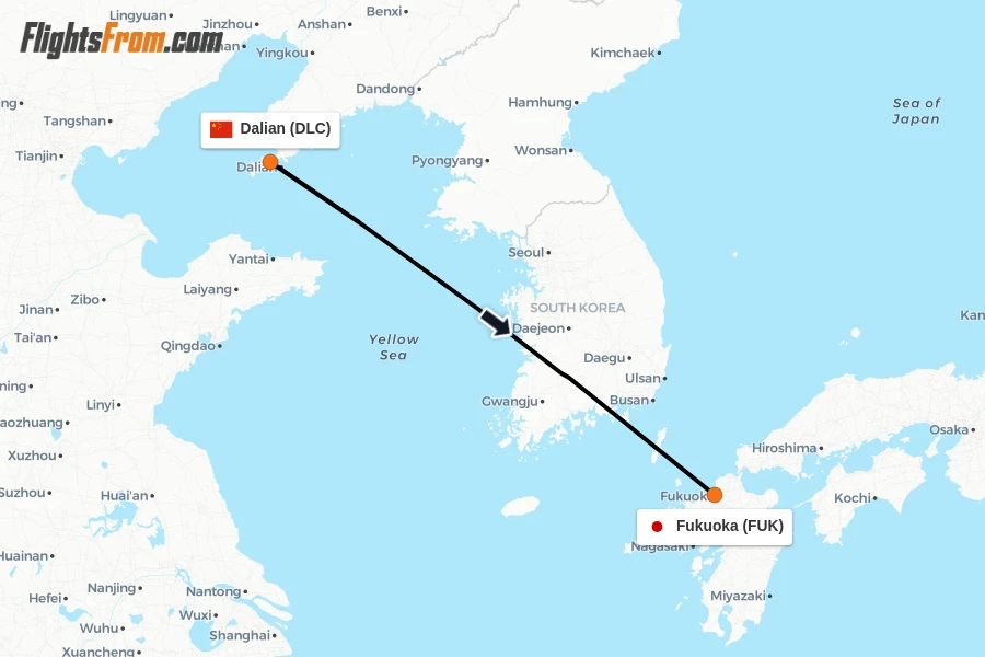 Flights from Dalian to Fukuoka route map
