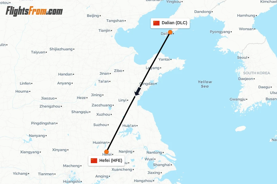 Flights from Dalian to Hefei route map