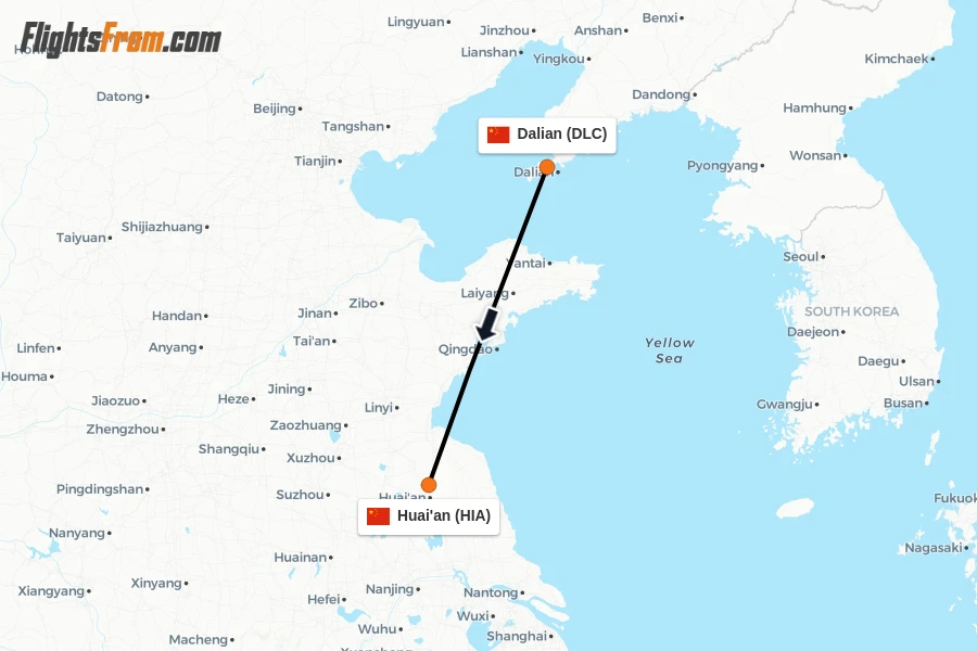 Flights from Dalian to Huai'an route map