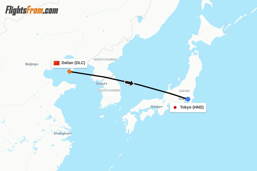 Flights from Dalian to Tokyo route map