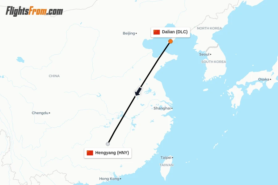 Flights from Dalian to Hengyang route map