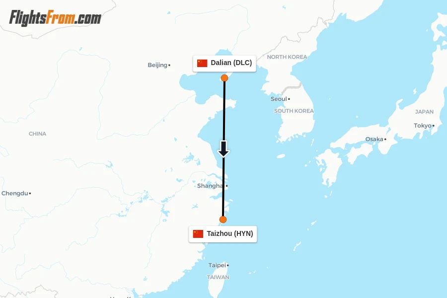 Flights from Dalian to Taizhou route map
