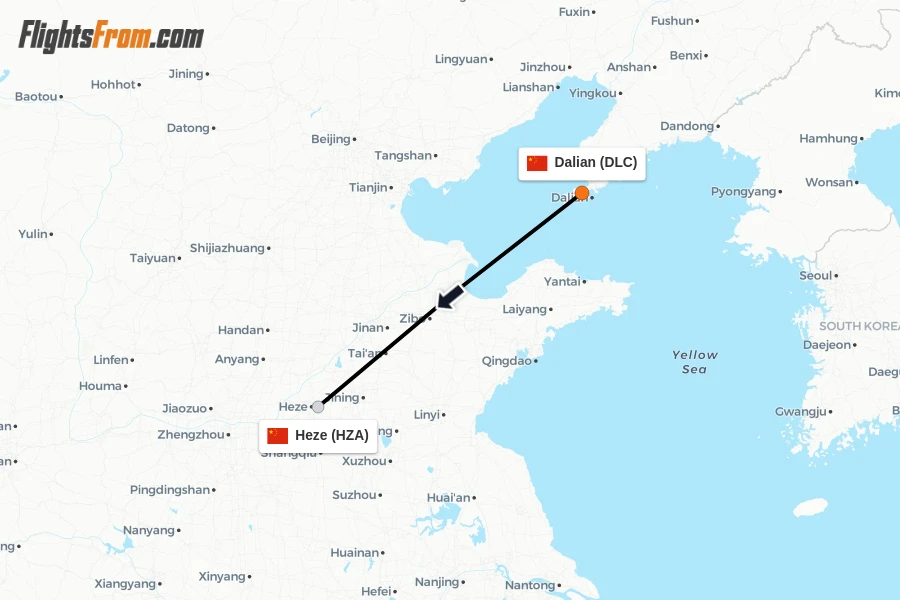 Flights from Dalian to Heze route map