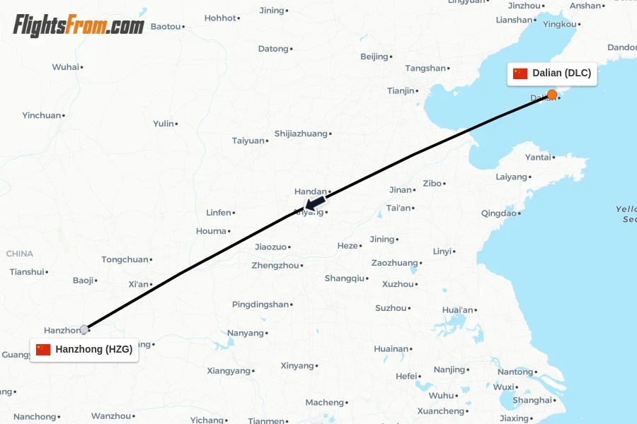 Flights from Dalian to Hanzhong route map