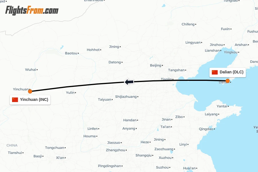 Flights from Dalian to Yinchuan route map