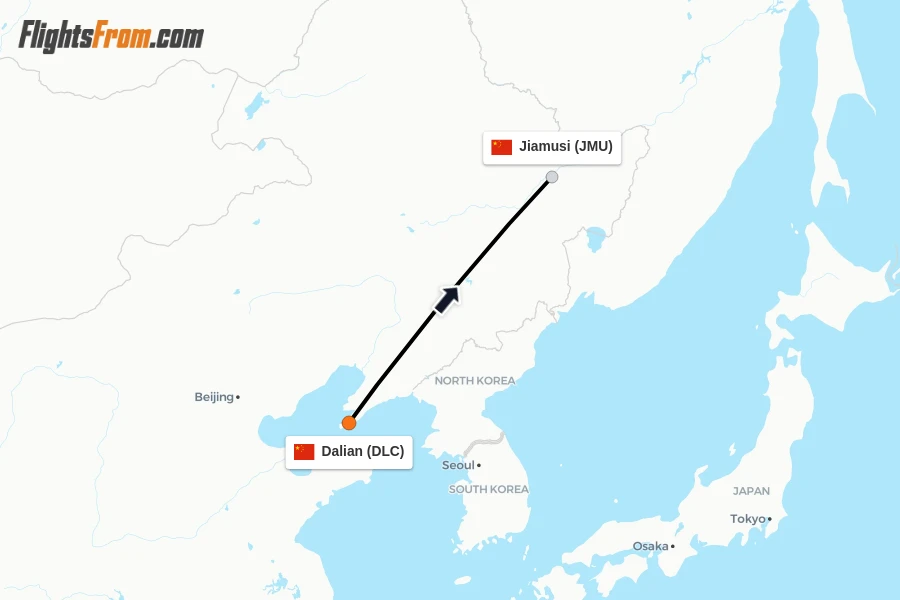 Flights from Dalian to Jiamusi route map