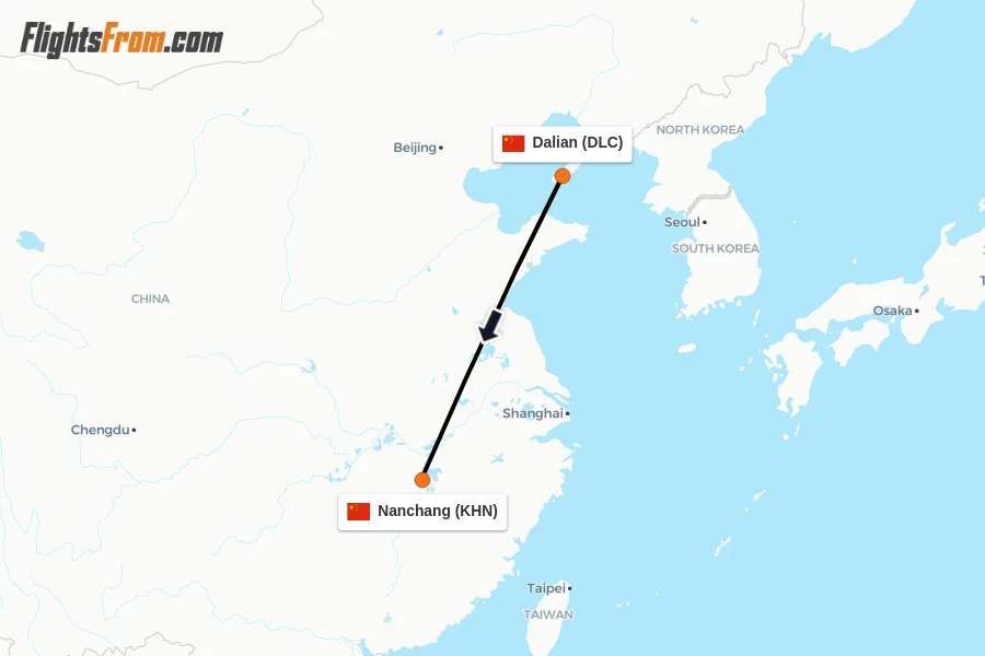 Flights from Dalian to Nanchang route map
