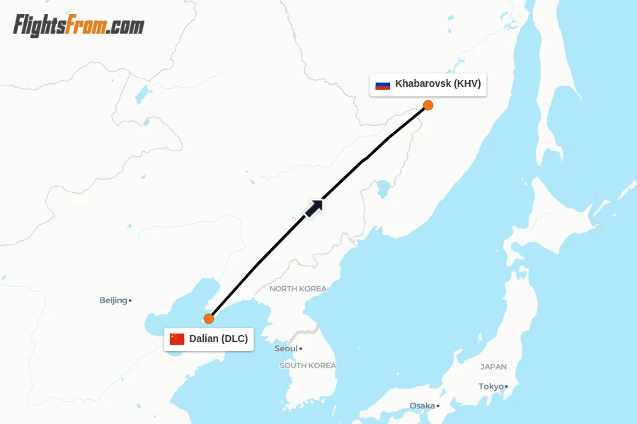 Flights from Dalian to Khabarovsk route map