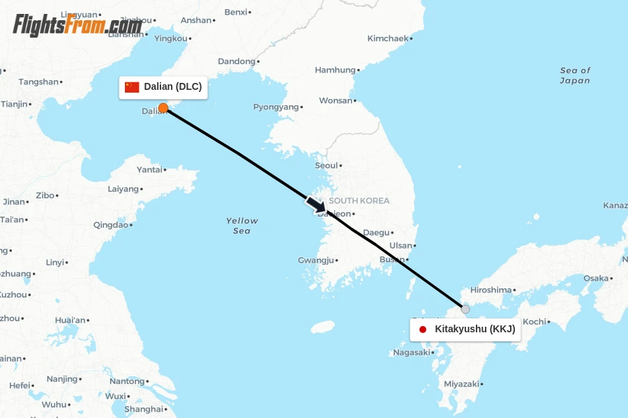 Flights from Dalian to Kitakyushu route map