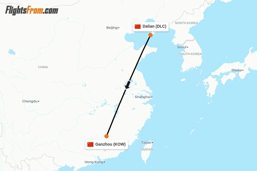 Flights from Dalian to Ganzhou route map