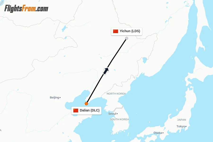 Flights from Dalian to Yichun route map