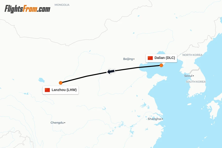 Flights from Dalian to Lanzhou route map