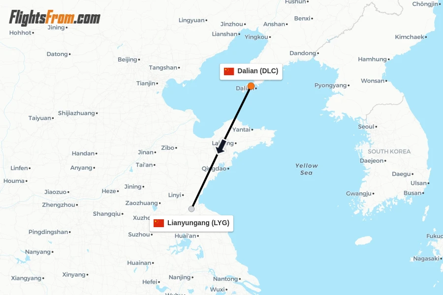 Flights from Dalian to Lianyungang route map