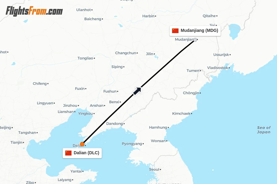 Flights from Dalian to Mudanjiang route map