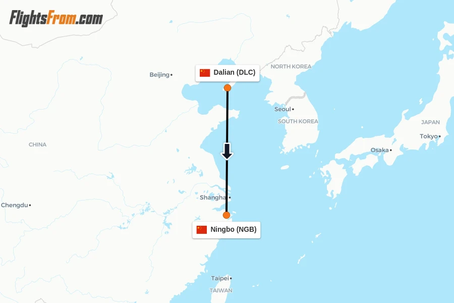 Flights from Dalian to Ningbo route map