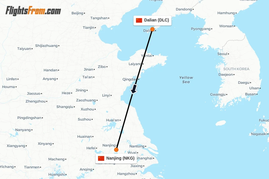 Flights from Dalian to Nanjing route map