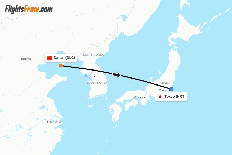 Flights from Dalian to Tokyo route map