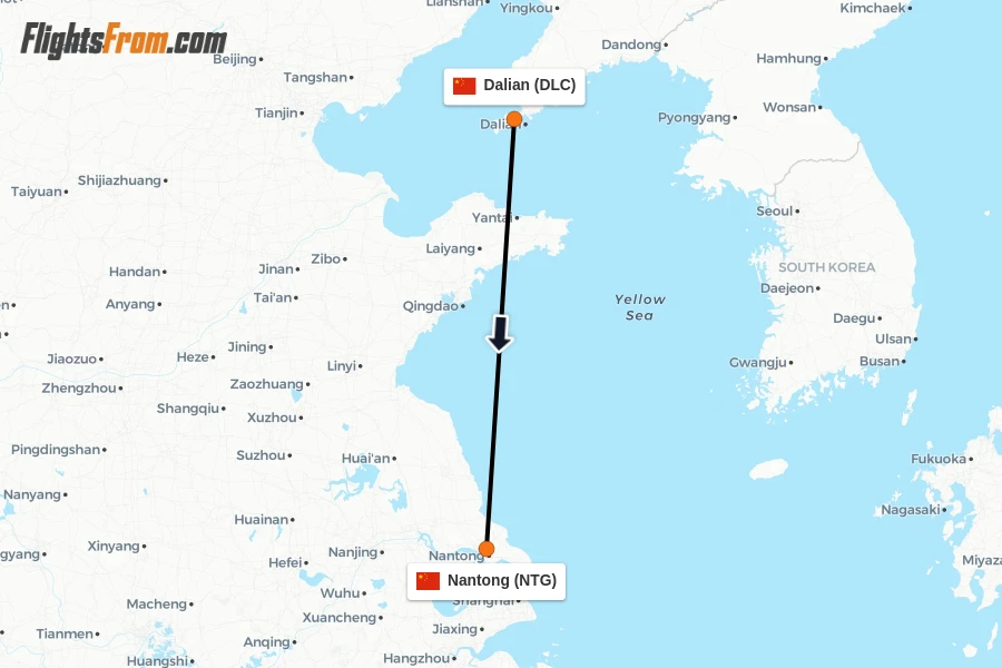 Flights from Dalian to Nantong route map