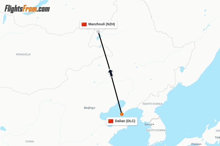 Flights from Dalian to Manzhouli route map
