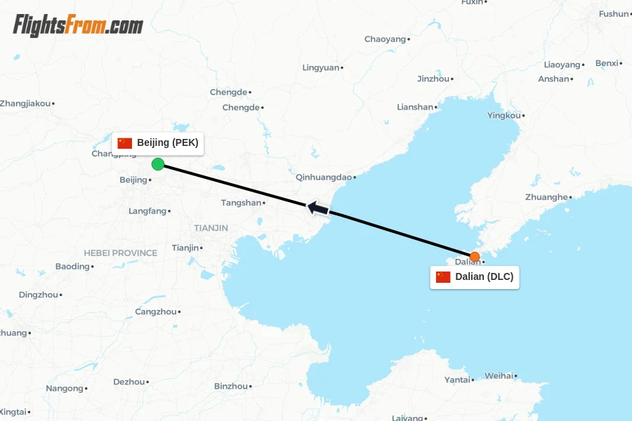 Flights from Dalian to Beijing route map