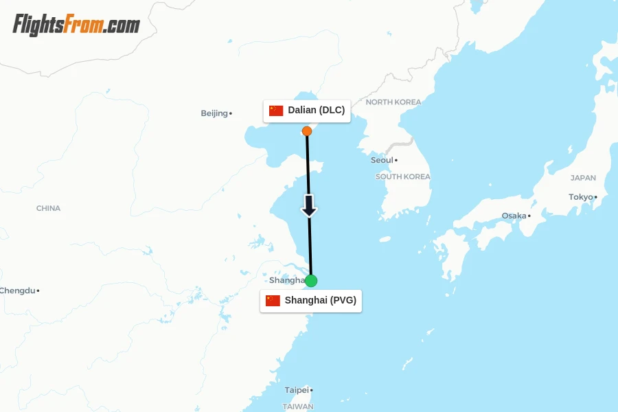 Flights from Dalian to Shanghai route map