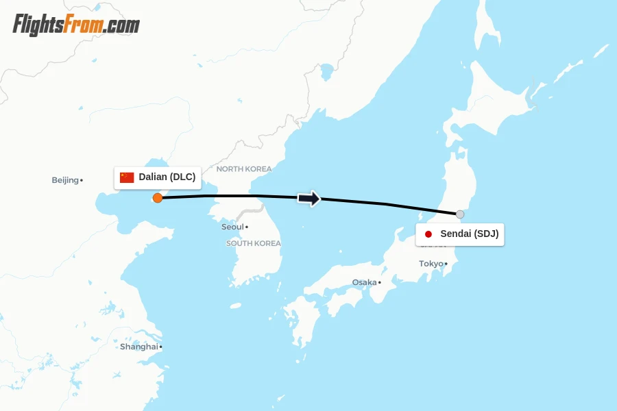 Flights from Dalian to Sendai route map