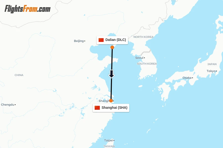 Flights from Dalian to Shanghai route map