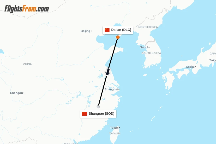 Flights from Dalian to Shangrao route map
