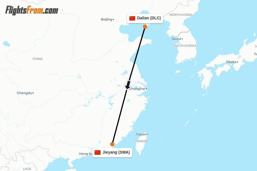 Flights from Dalian to Jieyang route map