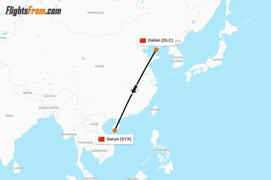 Flights from Dalian to Sanya route map