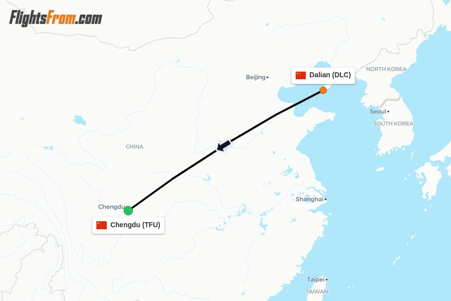 Flights from Dalian to Chengdu route map
